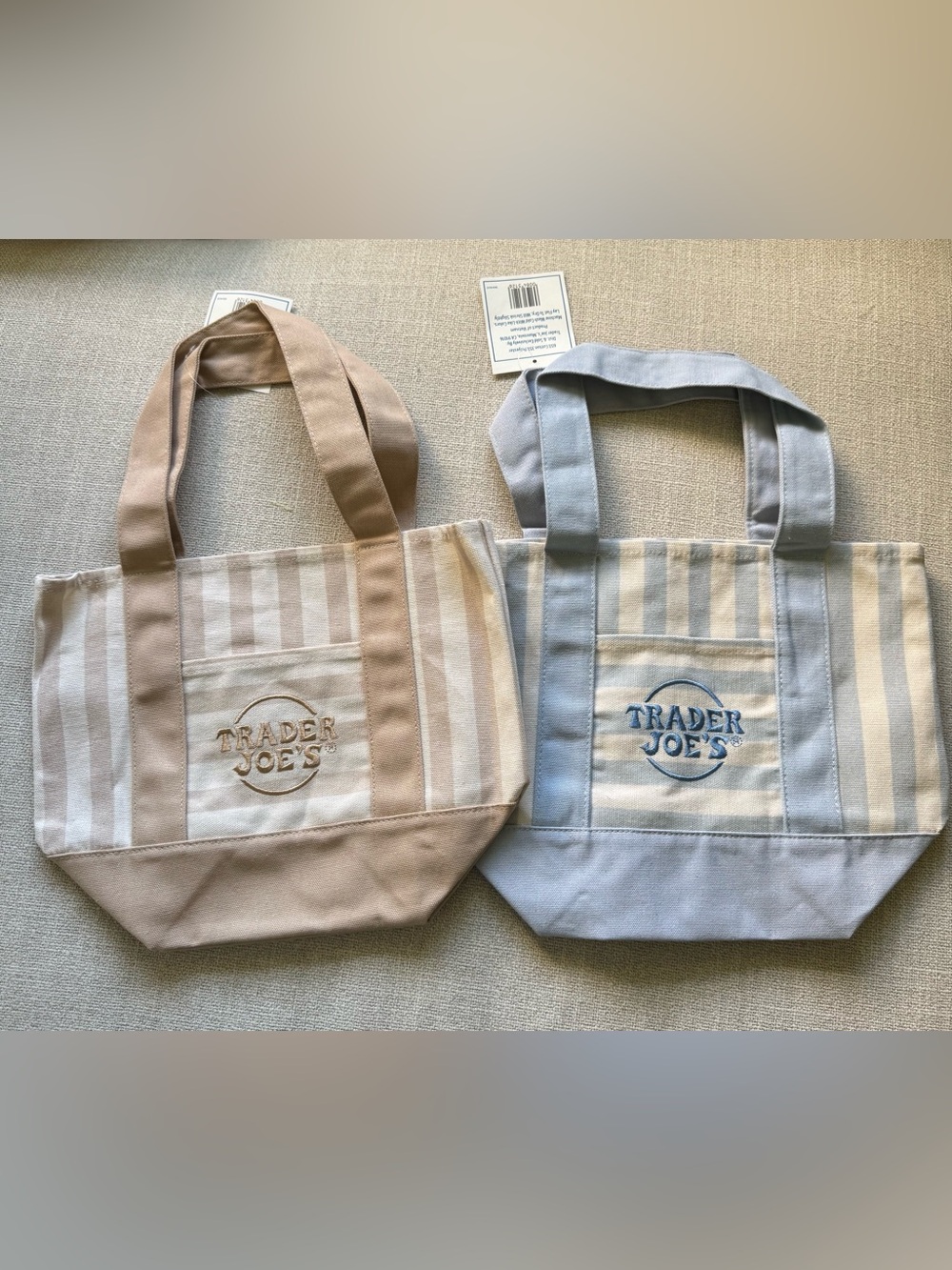 Trader Joe’s Striped Canvas Tote Bag Light Blue & Tan. Set of 2. NEW